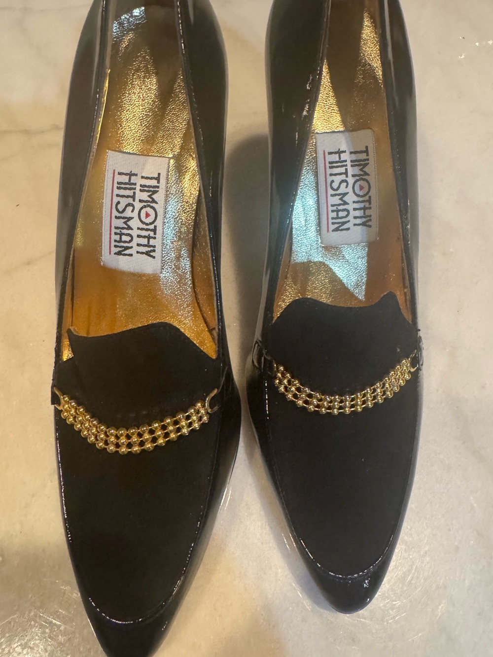 Timothy Hitsman “ BeBe”Black Patent Suede with Gold Chain Accent NOS